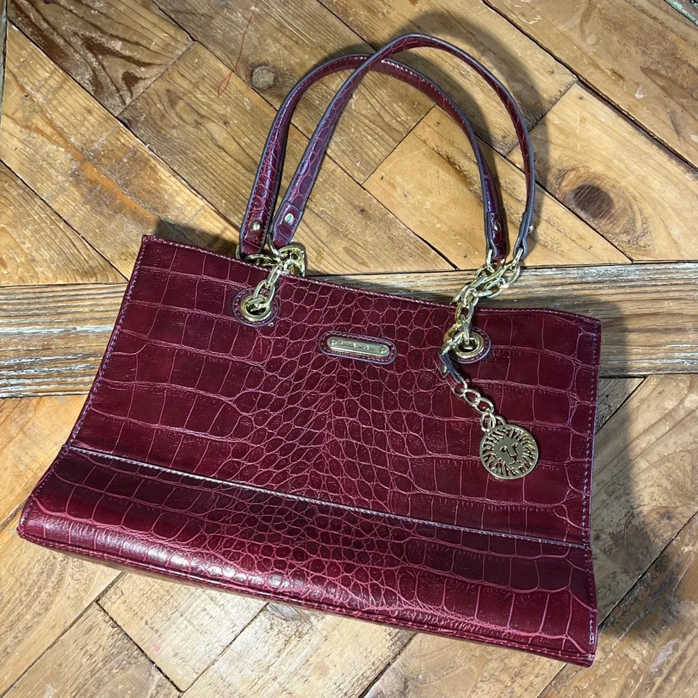 Anne Klein Burgundy Croc Embossed‎ Satchel Shoulder Bag Lion Charm
